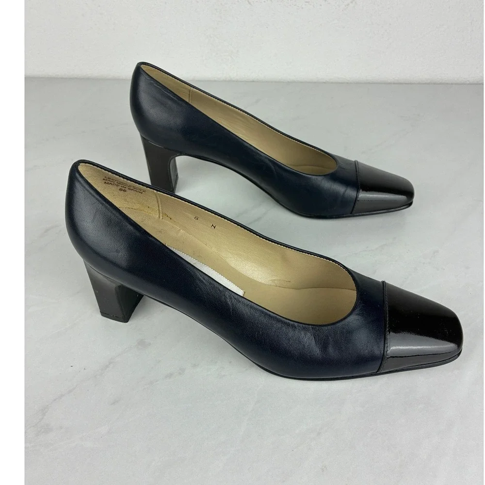 Etienne Aigner Navy Pumps - 8N- Leather Cap Toe Block Heel Strada Classic Office